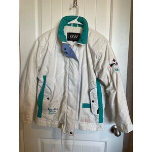 VTG Izzi Womens Small Ski Winter Puffer Jacket Coat 80s 90s Retro White & Blue